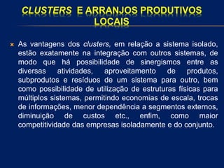 CLUSTERS E ARRANJOS PRODUTIVOS
LOCAIS
 As vantagens dos clusters, em relação a sistema isolado,
estão exatamente na integração com outros sistemas, de
modo que há possibilidade de sinergismos entre as
diversas atividades, aproveitamento de produtos,
subprodutos e resíduos de um sistema para outro, bem
como possibilidade de utilização de estruturas físicas para
múltiplos sistemas, permitindo economias de escala, trocas
de informações, menor dependência a segmentos externos,
diminuição de custos etc., enfim, como maior
competitividade das empresas isoladamente e do conjunto.
 