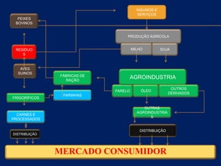 FARINHAS
INSUMOS E
SERVIÇOS
PRODUÇÃO AGRÍCOLA
FÁBRICAS DE
RAÇÃO
PEIXES
BOVINOS
RESÍDUO
S
AVES
SUINOS
FRIGORÍFICOS
CARNES E
PROCESSADOS
DISTRIBUIÇÃO
MERCADO CONSUMIDOR
FARELO
AGROINDUSTRIA
DISTRIBUIÇÃO
MILHO SOJA
ÓLEO
OUTRAS
AGROINDUSTRIA
S
OUTROS
DERIVADOS
 