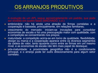 OS ARRANJOS PRODUTIVOS
A evolução de um APL segue aproximadamente um padrão, que pode
ser dividido em quatro fases (MACHADO, s.d.):
 embrionária: não há ainda uma atração de firmas correlatas e a
cooperação é baseada, principalmente, em relações familiares;
 crescimento do mercado: iniciam-se inovações para consolidar
economias de escala e há uma preocupação maior com qualidade, com
a competição se concentrando nos preços;
 maturidade: a competição acirra-se em torno de qualidade, flexibilidade,
design ou marca e a cooperação aparece entre os diversos segmentos
da cadeia de valor, tanto ajusante como entre as firmas em um mesmo
nível, e as economias de escala não têm mais papel de destaque;
 pós-maturidade: a proximidade geográfica não é a condicionante
principal, e o arranjo pode ter outro direcionamento para algum setor
correlato.
 