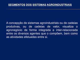 SEGMENTOS DOS SISTEMAS AGROINDUSTRIAIS
A concepção de sistemas agroindustriais ou de cadeias
produtivas, ou de cadeias de valor, visualiza o
agronegócio de forma integrada e inter-relacionada
entre os diversos agentes que o compõem, bem como
as atividades efetuadas entre si.
 