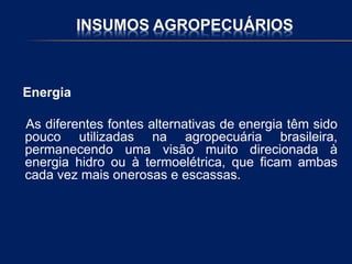 INSUMOS AGROPECUÁRIOS
Energia
As diferentes fontes alternativas de energia têm sido
pouco utilizadas na agropecuária brasileira,
permanecendo uma visão muito direcionada à
energia hidro ou à termoelétrica, que ficam ambas
cada vez mais onerosas e escassas.
 
