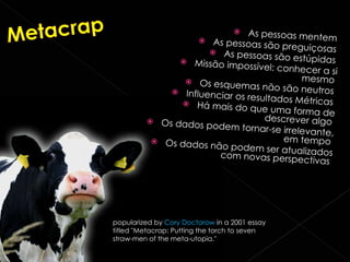 As pessoas mentem  As pessoas são preguiçosas  As pessoas são estúpidas  Missão impossível: conhecer a si mesmo  Os esquemas não são neutros  Influenciar os resultados Métricas  Há mais do que uma forma de descrever algo  Os dados podem tornar-se irrelevante, em tempo  Os dados não podem ser atualizados com novas perspectivas  popularized by  Cory Doctorow  in a 2001 essay titled "Metacrap: Putting the torch to seven straw-men of the meta-utopia." 