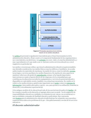 La políticade personal es igualmente trascendente para el buen funcionamien to de la
administración educativa. El per sonal es el componente fundamental de las organizaciones y
sus conocimientos, susdestrezas y sus actitudes son esen- ciales a la marcha administrativa, y
muy especialmente en lo que atañe a sus re- laciones conlos servicioseducativosy conel
magisterio en particular (9).
Los medios y recursosque utiliza y ges tiona la administración educativarequierentambién
una detenida consideración. Los medios físicoscomo los edificios, el mobiliario, las ayudas
audiovisuales, los materiales de enseñanza; los medio téc nicos, como los métodos, normas,
tecno logías y serviciosauxiliares;los medios financieros. En muchosde estosaspectosse
mantiene todavíaun alto grado de centralización, aunque se ha logrado importantes
innovacionesen cuanto al aporte directo de las empresas y de la comunidad para que
contribuyana la educacióncon todoslos equipamientos y serviciosde potencialeducativo
disponibles en cada ámbito social, y también concotizacionesmonetarias. En cambio en lo
relativo a los medios técnicos, quizá lo más importante sea el poder contar consistemas de
informacióne intercambio adecuadosy oportu - nos, para promover su utilización, fomentar su
desarrollo y retroalimentar experiencias(9).
A los antiguos modelos de la educaciónprivada, de las asociacionesde padres de familia y de
los consejosconsultivosde educación, se agregan ahora nuevosmode - los de asignación de
responsabilidades educativasa entidades ya existentes(econó-micas o no-económicas)o a
nuevas entidades comunales de finalidad educativao polivalente. Esto representa
una frontera para la administración educativatradicionalque fue solamente una expresióny
respuesta burocráticaalos problemas de la ges - tión gubernamental o escolar de los servicios
educativos.
El docente administrador
 