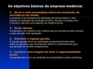 Os objetivos básicos da empresa moderna: 1. Servir a uma necessidade básica da sociedade, do mercado ou do cliente. A empresa é um processo de satisfação de consumidores e não apenas um processo de produção de bens. Ela deve começar com o cliente e não com uma patente ou matéria-prima. 2.  Gerar riqueza. A empresa é um sistema vivo e aberto que se caracteriza pela sinergia e pelo elevado valor agregado. 3.  Distribuir a riqueza gerada. A riqueza gerada deve ser distribuída proporcionalmente entre todos os parceiros que contribuíram direta ou indiretamente para  sua geração de maneira proporcional. 4. Construir uma imagem de ética e responsabilidade social. A empresa deve criar um ambiente de honestidade e plena confiança. 