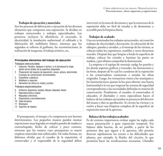 99
Cómo administrar un museo: Manual práctico
Presentaciones, obras expuestas y exposiciones
Trabajos de ejecución y materiales
Son los procesos de fabricación o ejecución de los diversos
elementos que componen una exposición. Se dividen en
trabajos estructurales y trabajos especializados. Los
primeros incluyen la albañilería, el enyesado, la
electricidad, la instalación audiovisual, el cableado y la
fabricación del mobiliario básico, mientras que los
segundos se refieren al grafismo, las reconstituciones, la
realizacióndemaquetas,eltrabajoartístico, etc.
Principales elementos del trabajo de ejecución
Trabajos estructurales
1 Espacios. Paredes, tabiques o techos, si el storyboard lo exige,
dentro de los límites de la superficie disponible
2 Preparación del espacio de exposición: yesos, pintura, electricidad.
Consejos de conservación recomendados
3 Carpintería y plásticos
4 Mobiliario y soportes
5 Elementos de vitrina en cristal y acrílico
Trabajos especializados
6 Grafismo:diagramas,tarjetas,dibujos,etiquetas,títulos
7 Reproduccionesycopias
8 Maquetasydioramas
9 Dispositivosyreconstituciones
10 Salasdeépoca
11 Maniquíes
12 Soportes de objetos
El presupuesto, el tiempo y la competencia son factores
determinantes. Los pequeños museos pueden montar
exposiciones muy logradas en simples paneles de madera o
contrachapado, fáciles de colocar y poco costosos,
mientras que los museos cuyo presupuesto es mayor
emplean materiales más sofisticados. De todas formas, no
debemos olvidar que el curador de la exposición, el
conservador y el responsable de la seguridad deben
intervenir en la toma de decisiones y que la estructura de la
exposición debe ser fácil de instalar y de desmontar, y
accesibleparalalimpieza diaria.
Trabajos de acabado
Una vez terminados los trabajos estructurales, así como los
trabajos de electricidad y decoración, la colocación de los
tabiques, paneles y estrados, y el montaje de las vitrinas, se
colocan todos los expositores, muebles y otros elementos
murales. Después hay que limpiar a fondo la superficie de
trabajo, colocar los cristales y barnizar las partes en
madera,yporúltimocomprobarlailuminación.
La empresa o el equipo de montaje cuelga los paneles y
los demás soportes gráficos y textuales, las ilustraciones y
las fotos, después de lo cual los curadores de la exposición
o los conservadores comienzan a instalar las obras
originales. Luego, los vestuaristas visten a los maniquíes y
los luminotécnicos ajustan la luz para obtener una buena
luminosidad a la vez que respetan las normas de seguridad
correspondientes a las necesidades definidas en materia de
conservación. Finalmente, el curador, el conservador, el
educador, el diseñador y otros especialistas hacen el
balance de los trabajos ejecutados en presencia del director
del museo y dan su aprobación. Se cierran las vitrinas y se
vuelve a hacer una limpieza completa de la superficie de
exposiciónantesdelaapertura.
Balancede los trabajos acabados
Es de extrema importancia evaluar según las reglas cada
nueva presentación o gran exposición temporal. Ese
balance debe hacerse, de ser posible, a partir de los
primeros días que siguen a la apertura: ello permite
detectar rápidamente los errores o las dificultades que
plantea, por ejemplo, la fluidez del circuito, lo que
permitirá hacer las rectificaciones necesarias. Chandler
 