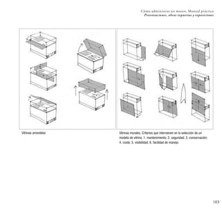 103
Cómo administrar un museo: Manual práctico
Presentaciones, obras expuestas y exposiciones
Vitrinas murales. Criterios que intervienen en la selección de un
modelo de vitrina: 1. mantenimiento; 2. seguridad; 3. conservación;
4. coste; 5. visibilidad; 6. facilidad de manejo.
Vitrinas amovibles
 