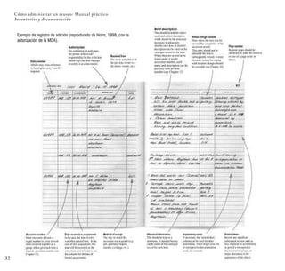 32
Cómo administrar un museo: Manual práctico
Inventarios y documentación
Ejemplo de registro de adición (reproducido de Holm, 1998, con la
autorización de la MDA).
 