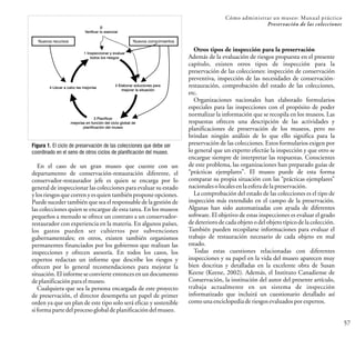Cómo administrar un museo: Manual práctico
Preservación de las colecciones
57
En el caso de un gran museo que cuente con un
departamento de conservación-restauración diferente, el
conservador-restaurador jefe es quien se encarga por lo
general de inspeccionar las colecciones para evaluar su estado
y los riesgos que corren y es quien también proponeopciones.
Puede suceder también que sea el responsable de la gestión de
las colecciones quien se encargue de esta tarea. En los museos
pequeños a menudo se ofrece un contrato a un conservador-
restaurador con experiencia en la materia. En algunos países,
los gastos pueden ser cubiertos por subvenciones
gubernamentales; en otros, existen también organismos
permanentes financiados por los gobiernos que realizan las
inspecciones y ofrecen asesoría. En todos los casos, los
expertos redactan un informe que describe los riesgos y
ofrecen por lo general recomendaciones para mejorar la
situación. El informe se convierte entonces en un documento
deplanificaciónparael museo.
Cualquiera que sea la persona encargada de este proyecto
de preservación, el director desempeña un papel de primer
orden ya que un plan de este tipo solo será eficaz y sostenible
siformaparte delprocesoglobaldeplanificación delmuseo.
0
Verificar lo esencial
Nuevos recursos Nuevos conocimientos
1 Inspeccionar y evaluar
todos los riesgos
2 Elaborar soluciones para
mejorar la situación
3 Planificar
mejorías en función del ciclo global de
planificación del museo
4 Llevar a cabo las mejorías
Figura 1. El ciclo de preservación de las colecciones que debe ser
coordinado en el seno de otros ciclos de planificación del museo.
Otros tipos de inspección para la preservación
Además de la evaluación de riesgos propuesta en el presente
capítulo, existen otros tipos de inspección para la
preservación de las colecciones: inspección de conservación
preventiva, inspección de las necesidades de conservación-
restauración, comprobación del estado de las colecciones,
etc.
Organizaciones nacionales han elaborado formularios
especiales para las inspecciones con el propósito de poder
normalizar la información que se recopila en los museos. Las
respuestas ofrecen una descripción de las actividades y
planificaciones de preservación de los museos, pero no
brindan ningún análisis de lo que ello significa para la
preservación de las colecciones. Estos formularios exigen por
lo general que un experto efectúe la inspección y que otro se
encargue siempre de interpretar las respuestas. Conscientes
de este problema, las organizaciones han preparado guías de
“prácticas ejemplares”. El museo puede de esta forma
comparar su propia situación con las “prácticas ejemplares”
nacionalesolocales en laesfera delapreservación.
La comprobación del estado de las colecciones es el tipo de
inspección más extendido en el campo de la preservación.
Algunas han sido automatizadas con ayuda de diferentes
software. El objetivo de estas inspecciones es evaluar el grado
de deteriorode cada objeto o del objeto típico de la colección.
También pueden recopilarse informaciones para evaluar el
trabajo de restauración necesario de cada objeto en mal
estado.
Todas estas cuestiones relacionadas con diferentes
inspecciones y su papel en la vida del museo aparecen muy
bien descritas y detalladas en la excelente obra de Susan
Keene (Keene, 2002). Además, el Instituto Canadiense de
Conservación, la institución del autor del presente artículo,
trabaja actualmente en un sistema de inspección
informatizado que incluirá un cuestionario detallado así
comouna enciclopediaderiesgos evaluadospor expertos.
 