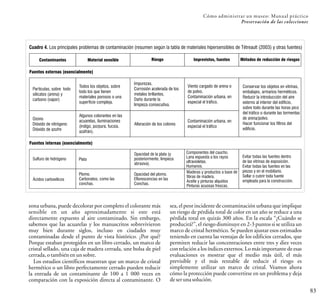 Cómo administrar un museo: Manual práctico
Preservación de las colecciones
83
zona urbana, puede decolorar por completo el colorante más
sensible en un año aproximadamente si este está
directamente expuesto al aire contaminado. Sin embargo,
sabemos que las acuarelas y los manuscritos sobrevivieron
muy bien durante siglos, incluso en ciudades muy
contaminadas desde el punto de vista histórico. ¿Por qué?
Porque estaban protegidos en un libro cerrado, un marco de
cristal sellado, una caja de madera cerrada, une bolsa de piel
cerrada, otambién enun sobre.
Los estudios científicos muestran que un marco de cristal
hermético o un libro perfectamente cerrado pueden reducir
la entrada de un contaminante de 100 a 1 000 veces en
comparación con la exposición directa al contaminante. O
sea, el peor incidente de contaminación urbana que implique
un riesgo de pérdida total de color en un año se reduce a una
pérdida total en quizás 300 años. En la escala “¿Cuándo se
producirá?”, el riesgo disminuye en 2-3 puntos si se utiliza un
marco de cristal hermético. Se pueden ajustar esos estimados
teniendo en cuenta las ventajas de los edificios cerrados, que
permiten reducir las concentraciones entre tres y diez veces
con relación a los índices externos. Lo más importante de esas
evaluaciones es mostrar que el medio más útil, el más
previsible y el más rentable de reducir el riesgo es
simplemente utilizar un marco de cristal. Veamos ahora
cómo la protección puede convertirse en un problema y deja
deser una solución.
Cuadro 4. Los principales problemas de contaminación (resumen según la tabla de materiales hipersensibles de Tétreault (2003) y otras fuentes)
Fuentes externas (esencialmente)
Fuentes internas (esencialmente)
Contaminantes Material sensible Riesgo Imprevistos, fuentes Métodos de reducción de riesgos
Partículas, sobre todo
silicatos (arena) y
carbono (vapor)
Todos los objetos, sobre
todo los que tienen
materiales porosos o una
superficie compleja.
Impurezas.
Corrosión acelerada de los
metales brillantes.
Daño durante la
limpieza consecutiva.
Viento cargado de arena o
de polvo.
Contaminación urbana, en
especial el tráfico.
Ozono
Dióxido de nitrógeno
Dióxido de azufre
Algunos colorantes en las
acuarelas, iluminaciones
(índigo, púrpura, fucsia,
azafrán).
Alteración de los colores
Contaminación urbana, en
especial el tráfico
Conservar los objetos en vitrinas,
embalajes, armarios herméticos.
Reducir la introducción del aire
externo al interior del edificio,
sobre todo durante las horas pico
del tráfico o durante las tormentas
de arena/polvo.
Hacer funcionar los filtros del
edificio.
Sulfuro de hidrógeno Plata
Opacidad de la plata (y
posteriormente, limpieza
abrasiva).
Componentes del caucho.
Lana expuesta a los rayos
ultravioletas.
Humanos.
Ácidos carboxílicos
Plomo.
Carbonatos, como las
conchas.
Opacidad del plomo.
Eflorescencias en las
Conchas.
Maderas y productos a base de
fibras de madera.
Aceite y pinturas alquidos
Pinturas acuosas frescas.
Evitar todas las fuentes dentro
de las vitrinas de exposición.
Evitar todas las fuentes en las
piezas y en el mobiliario.
Sellar o cubrir toda fuente
empleada para la construcción.
 