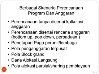 21
Berbagai Skenario Perencanaan
Program Dan Anggaran
• Perencanaan tanpa disertai kalkulasi
anggaran
• Perencanaan disertai rencana anggaran
(bottom up, pop down, perpaduan )
• Penetapan Pagu perunit/lembaga
• Pola penganggaran terpusat
• Pola Block grand
• Dana Alokasi Langsung
• Pola alokasi parsial/sharing pembiayaan
21
 