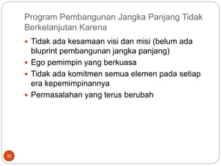 Program Pembangunan Jangka Panjang Tidak
Berkelanjutan Karena
32
 Tidak ada kesamaan visi dan misi (belum ada
bluprint pembangunan jangka panjang)
 Ego pemimpin yang berkuasa
 Tidak ada komitmen semua elemen pada setiap
era kepemimpinannya
 Permasalahan yang terus berubah
 
