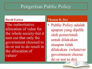 Pengertian Public Policy
“the outhoritative
allocation of value for
the whole society-but it
turn out that only the
government choosed to
do or not to do result in
the allocation of
values”
David Easton Thomas R. Dye
• Public Policy adalah
apapun yang dipilih
oleh pemerintah
untuk dilakukan
ataupun tidak
dilakukan (whatever
government choose
do or not to do).
 