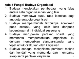 18
Ada 5 Fungsi Budaya Organisasi
1. Budaya menciptakan pembedaan yang jelas
antara satu organisasi dan yang lain
2. Budaya membawa suatu rasa identitas bagi
anggota-anggota organisasi
3. Budaya mempermudah timbulnya komitmen
pada sesuatu yang lebih luas daripada
kepentingan diri individual seseorang
4. Budaya merupakan perekat sosial yang
membantu mempersatukan organisasi itu
dengan memberikan standar-standar yang
tepat untuk dilakukan oleh karyawan
5. Budaya sebagai mekanisme pembuat makna
dan kendali yang memandu dan membantu
sikap serta perilaku karyawan
 