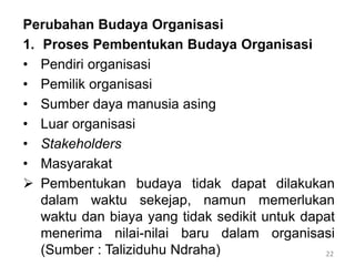 22
Perubahan Budaya Organisasi
1. Proses Pembentukan Budaya Organisasi
• Pendiri organisasi
• Pemilik organisasi
• Sumber daya manusia asing
• Luar organisasi
• Stakeholders
• Masyarakat
 Pembentukan budaya tidak dapat dilakukan
dalam waktu sekejap, namun memerlukan
waktu dan biaya yang tidak sedikit untuk dapat
menerima nilai-nilai baru dalam organisasi
(Sumber : Taliziduhu Ndraha)
 