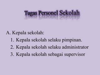 A. Kepala sekolah:
1. Kepala sekolah selaku pimpinan.
2. Kepala sekolah selaku administrator
3. Kepala sekolah sebagai supervisor
 