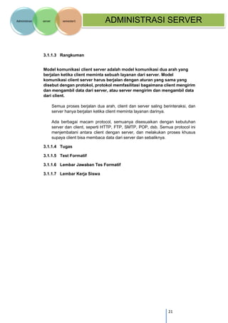 21 
Administrasi server semester1 ADMINISTRASI SERVER 
3.1.1.3 Rangkuman 
Model komunikasi client server adalah model komunikasi dua arah yang berjalan ketika client meminta sebuah layanan dari server. Model komunikasi client server harus berjalan dengan aturan yang sama yang disebut dengan protokol, protokol memfasilitasi bagaimana client mengirim dan mengambil data dari server, atau server mengirim dan mengambil data dari client. 
Semua proses berjalan dua arah, client dan server saling berinteraksi, dan server hanya berjalan ketika client meminta layanan darinya. 
Ada berbagai macam protocol, semuanya disesuaikan dengan kebutuhan server dan client, seperti HTTP, FTP, SMTP, POP, dsb. Semua protocol ini menjembatani antara client dengan server, dan melakukan proses khusus supaya client bisa membaca data dari server dan sebaliknya. 
3.1.1.4 Tugas 
3.1.1.5 Test Formatif 
3.1.1.6 Lembar Jawaban Tes Formatif 
3.1.1.7 Lembar Kerja Siswa 
 