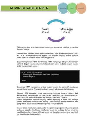 ADMINISTRASI SERVER 
Web server akan terus dalam posisi menunggu sampai ada client yang meminta layanan darinya. 
Web browser dan web server sama-sama mempunyai protocol yang sama, yaitu HTTP. HTTP kependekan dari Hyper Text Transfer Protocol adalah protocol untuk bertukar informasi dalam bentuk hyper text. 
Bagaimana protocol HTTP itu? Protocol HTTP mempunyai 2 bagian, header dan content. Bagian header untuk meminta data dari server berbeda dengan header untuk mengirim dari server. 
POST /index.php HTTP/1.1 Content-Type: application/x-www-form-urlencoded Content-Length:4 Hello 
Bagaimaa HTTP memisahkan antara bagian header dan content? Jawabanya dengan baris kosong. Antara content dan header, ada sebuah baris kosong. 
Header HTTP digunakan untuk memberikan informasi tentang content. Jadi ketika server membacanya, dia tahu bahwa client ingin mengirim data dengan metode POST, ke halaman index.php dengan protocol HTTP versi 1.1. 
Server mengetahui bahwa data yang dikirim sepanjang 4 bytes, dan akhirnya server mendeteksi adanya baris kosong, inilah saatnya server membaca data yang masuk bukan sebagai header lagi, tapi sebagai content. 
Server akan melakukan proses data, menjalankan program untuk mengakses database apabila diperlukan, melakukan akses ke berbagai berkas di server apabila diperlukan, hingga akhirnya server mendapatkan sumber daya atau hasil yg bisa diberikan kepada client. 
Menunggu Client 
Proses Client  