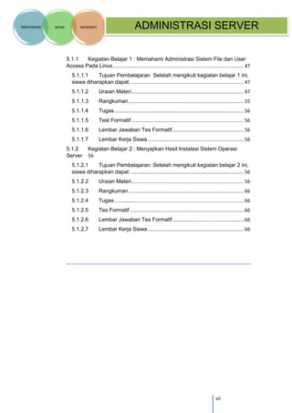 vii 
Administrasi server semester1 ADMINISTRASI SERVER 
5.1.1 Kegiatan Belajar 1 : Memahami Administrasi Sistem File dan User Access Pada Linux ................................................................................................. 47 
5.1.1.1 Tujuan Pembelajaran Setelah mengikuti kegiatan belajar 1 ini, siswa diharapkan dapat: ................................................................................... 47 
5.1.1.2 Uraian Materi ................................................................................... 47 
5.1.1.3 Rangkuman ..................................................................................... 55 
5.1.1.4 Tugas ............................................................................................... 56 
5.1.1.5 Test Formatif ................................................................................... 56 
5.1.1.6 Lembar Jawaban Tes Formatif..................................................... 56 
5.1.1.7 Lembar Kerja Siswa ....................................................................... 56 
5.1.2 Kegiatan Belajar 2 : Menyajikan Hasil Instalasi Sistem Operasi Server 56 
5.1.2.1 Tujuan Pembelajaran :Setelah mengikuti kegiatan belajar 2 ini, siswa diharapkan dapat: ................................................................................... 56 
5.1.2.2 Uraian Materi ................................................................................... 56 
5.1.2.3 Rangkuman ..................................................................................... 66 
5.1.2.4 Tugas ............................................................................................... 66 
5.1.2.5 Tes Formatif .................................................................................... 66 
5.1.2.6 Lembar Jawaban Tes Formatif..................................................... 66 
5.1.2.7 Lembar Kerja Siswa ....................................................................... 66 
 