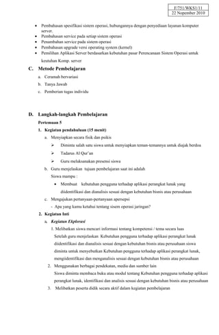 F/751/WKS1/11
                                                                                     22 Nopember 2010

  •    Pembahasan spesifikasi sistem operasi, hubungannya dengan penyediaan layanan komputer
       server.
  •    Pembahasan service pada setiap sistem operasi
  •    Penambahan service pada sistem operasi
  •    Pembahasan upgrade versi operating system (kernel)
  •    Pemilihan Aplikasi Server berdasarkan kebutuhan pasar Perencanaan Sistem Operasi untuk
       keutuhan Komp. server
C. Metode Pembelajaran
      a. Ceramah bervariasi
      b. Tanya Jawab
      c. Pemberian tugas individu




D. Langkah-langkah Pembelajaran
      Pertemuan 5
      1. Kegiatan pendahuluan (15 menit)
         a. Menyiapkan secara fisik dan psikis
                   Diminta salah satu siswa untuk menyiapkan teman-temannya untuk diajak berdoa
                   Tadarus Al Qur’an
                   Guru melaksanakan presensi siswa
         b. Guru menjelaskan tujuan pembelajaran saat ini adalah
             Siswa mampu :
                •   Membuat     kebutuhan pengguna terhadap aplikasi perangkat lunak yang
                    diidentifikasi dan dianalisis sesuai dengan kebutuhan bisnis atau perusahaan
         c. Mengajukan pertanyaan-pertanyaan apersepsi
             - Apa yang kamu ketahui tentang sisem operasi jaringan?
      2. Kegiatan Inti
         a. Kegiatan Ekplorasi
             1. Melibatkan siswa mencari informasi tentang kompetensi / tema secara luas
                Setelah guru menjelaskan Kebutuhan pengguna terhadap aplikasi perangkat lunak
                diidentifikasi dan dianalisis sesuai dengan kebutuhan bisnis atau perusahaan siswa
                diminta untuk menyebutkan Kebutuhan pengguna terhadap aplikasi perangkat lunak,
                mengiidentifikasi dan menganalisis sesuai dengan kebutuhan bisnis atau perusahaan
           2. Menggunakan berbagai pendekatan, media dan sumber lain
                Siswa diminta membaca buku atau modul tentang Kebutuhan pengguna terhadap aplikasi
                perangkat lunak, identifikasi dan analisis sesuai dengan kebutuhan bisnis atau perusahaan
           3.    Melibatkan peserta didik secara aktif dalam kegiatan pembelajaran
 