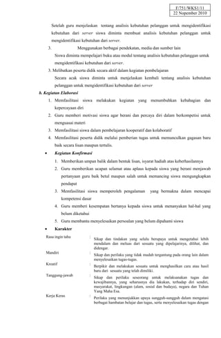 F/751/WKS1/11
                                                                                    22 Nopember 2010

         Setelah guru menjelaskan tentang analisis kebutuhan pelanggan untuk mengidentifikasi
         kebutuhan dari server siswa diminta membuat analisis kebutuhan pelanggan untuk
         mengidentifikasi kebutuhan dari server.
       3.                 Menggunakan berbagai pendekatan, media dan sumber lain
            Siswa diminta mempelajari buku atau modul tentang analisis kebutuhan pelanggan untuk
            mengidentifikasi kebutuhan dari server.
       3. Melibatkan peserta didik secara aktif dalam kegiatan pembelajaran
            Secara acak siswa diminta untuk menjelaskan kembali tentang analisis kebutuhan
            pelanggan untuk mengidentifikasi kebutuhan dari server
b. Kegiatan Elaborasi
       1. Memfasilitasi siswa melakukan kegiatan yang menumbuhkan kebahagian dan
            kepercayaan diri
       2. Guru memberi motivasi siswa agar berani dan percaya diri dalam berkompetisi untuk
            menguasai materi
       3. Memfasilitasi siswa dalam pembelajaran kooperatif dan kolaboratif
       4. Memfasilitasi peserta didik melalui pemberian tugas untuk memunculkan gagasan baru
            baik secara lisan maupun tertulis.
   •        Kegiatan Konfirmasi
            1. Memberikan umpan balik dalam bentuk lisan, isyarat hadiah atas keberhasilannya
            2. Guru memberikan ucapan selamat atau aplaus kepada siswa yang berani menjawab
               pertanyaan guru baik betul maupun salah untuk memancing siswa mengungkapkan
               pendapat
            3. Memfasilitasi siswa memperoleh pengalaman              yang bermakna dalam mencapai
               kompetensi dasar
            4. Guru memberi kesempatan bertanya kepada siswa untuk menanyakan hal-hal yang
               belum diketahui
            5. Guru membantu menyelesaikan persoalan yang belum dipahami siswa
   •        Karakter
   Rasa ingin tahu               :
                                     Sikap dan tindakan yang selalu berupaya untuk mengetahui lebih
                                     mendalam dan meluas dari sesuatu yang dipelajarinya, dilihat, dan
                                     didengar.
   Mandiri                       :
                                     Sikap dan perilaku yang tidak mudah tergantung pada orang lain dalam
                                     menyelesaikan tugas-tugas.
   Kreatif                       :
                                     Berpikir dan melakukan sesuatu untuk menghasilkan cara atau hasil
                                     baru dari sesuatu yang telah dimiliki.
   Tanggung-jawab                :
                                     Sikap dan perilaku seseorang untuk melaksanakan tugas dan
                                     kewajibannya, yang seharusnya dia lakukan, terhadap diri sendiri,
                                     masyarakat, lingkungan (alam, sosial dan budaya), negara dan Tuhan
                                     Yang Maha Esa.
   Kerja Keras                   :
                                     Perilaku yang menunjukkan upaya sungguh-sungguh dalam mengatasi
                                     berbagai hambatan belajar dan tugas, serta menyelesaikan tugas dengan
 