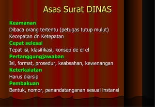 Asas Surat DINAS Keamanan Dibaca orang tertentu (petugas tutup mulut) Kecepatan dn Ketepatan Cepat selesai   Tepat isi, klasifikasi, konsep de el el Pertanggungjawaban Isi, format, prosedur, keabsahan, kewenangan Keterkaiatan Harus diarsip Pembakuan Bentuk, nomor, penandatanganan sesuai instansi 
