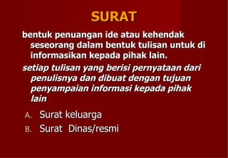 SURAT bentuk penuangan ide atau kehendak seseorang dalam bentuk tulisan untuk di informasikan kepada pihak lain.  setiap tulisan yang berisi pernyataan dari penulisnya dan dibuat dengan tujuan penyampaian informasi kepada pihak lain   Surat keluarga Surat  Dinas/resmi 