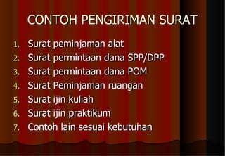 CONTOH PENGIRIMAN SURAT Surat peminjaman alat  Surat permintaan dana SPP/DPP Surat permintaan dana POM Surat Peminjaman ruangan Surat ijin kuliah Surat ijin praktikum Contoh lain sesuai kebutuhan 