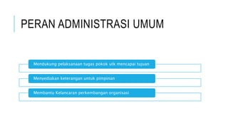 PERAN ADMINISTRASI UMUM
Mendukung pelaksanaan tugas pokok utk mencapai tujuan
Menyediakan keterangan untuk pimpinan
Membantu Kelancaran perkembangan organisasi
 