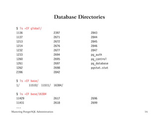 Database Directories

    $ ls -CF global/
    1136                              2397          2843
    1137                              2671          2844
    1213                              2672          2845
    1214                              2676          2846
    1232                              2677          2847
    1233                              2694          pg_auth
    1260                              2695          pg_control
    1261                              2697          pg_database
    1262                              2698          pgstat.stat
    2396                              2842

    $ ls -CF base/
    1/      11510/ 11511/ 16384/

    $ ls -CF base/16384
    11429                             2617          2696
    11431                             2618          2699
    ...
Mastering PostgreSQL Administration                               16
 