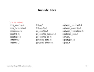 Include Files



    $ ls -CF include/
    ecpg_config.h                     libpq/               pgtypes_interval.h
    ecpg_informix.h                   libpq-fe.h           pgtypes_numeric.h
    ecpgerrno.h                       pg_config.h          pgtypes_timestamp.h
    ecpglib.h                         pg_config_manual.h   postgres_ext.h
    ecpgtype.h                        pg_config_os.h       server/
    informix/                         pgtypes_date.h       sql3types.h
    internal/                         pgtypes_error.h      sqlca.h




Mastering PostgreSQL Administration                                              52
 