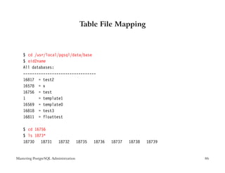 Table File Mapping



    $ cd /usr/local/pgsql/data/base
    $ oid2name
    All databases:
    ---------------------------------
    16817 = test2
    16578 = x
    16756 = test
    1      = template1
    16569 = template0
    16818 = test3
    16811 = floattest

    $ cd 16756
    $ ls 1873*
    18730 18731          18732        18735   18736   18737   18738   18739


Mastering PostgreSQL Administration                                           86
 