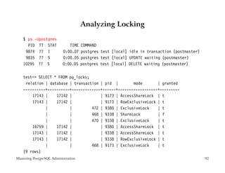 Analyzing Locking

    $ ps -Upostgres
      PID TT STAT             TIME    COMMAND
     9874 ?? I             0:00.07    postgres test [local] idle in transaction (postmaster)
     9835 ?? S             0:00.05    postgres test [local] UPDATE waiting (postmaster)
    10295 ?? S             0:00.05    postgres test [local] DELETE waiting (postmaster)


    test= SELECT * FROM pg_locks;
     relation | database | transaction | pid |        mode       | granted
    ----------+----------+-------------+------+------------------+---------
        17143 |    17142 |             | 9173 | AccessShareLock | t
        17143 |    17142 |             | 9173 | RowExclusiveLock | t
              |          |         472 | 9380 | ExclusiveLock    | t
              |          |         468 | 9338 | ShareLock        | f
              |          |         470 | 9338 | ExclusiveLock    | t
        16759 |    17142 |             | 9380 | AccessShareLock | t
        17143 |    17142 |             | 9338 | AccessShareLock | t
        17143 |    17142 |             | 9338 | RowExclusiveLock | t
              |          |         468 | 9173 | ExclusiveLock    | t
    (9 rows)
Mastering PostgreSQL Administration                                                            92
 