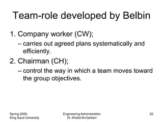 Team-role developed by Belbin
1. Company worker (CW);
     – carries out agreed plans systematically and
       efficiently.
2. Chairman (CH);
     – control the way in which a team moves toward
       the group objectives.




Spring 2008,           Engineering Administration    22
King Saud University     Dr. Khalid Al-Gahtani
 