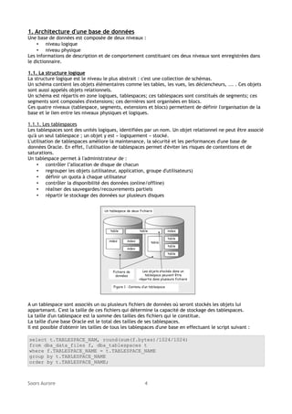 1. Architecture d'une base de données
Une base de données est composée de deux niveaux :
• niveau logique
• niveau physique
Les informations de description et de comportement constituant ces deux niveaux sont enregistrées dans
le dictionnaire.
1.1. La structure logique
La structure logique est le niveau le plus abstrait : c'est une collection de schémas.
Un schéma contient les objets élémentaires comme les tables, les vues, les déclencheurs, ... . Ces objets
sont aussi appelés objets relationnels.
Un schéma est répartis en zone logiques, tablespaces; ces tablespaces sont constitués de segments; ces
segments sont composées d'extensions; ces dernières sont organisées en blocs.
Ces quatre niveaux (tablespace, segments, extensions et blocs) permettent de définir l'organisation de la
base et le lien entre les niveaux physiques et logiques.
1.1.1. Les tablespaces
Les tablespaces sont des unités logiques, identifiées par un nom. Un objet relationnel ne peut être associé
qu'à un seul tablespace ; un objet y est « logiquement » stocké.
L'utilisation de tablespaces améliore la maintenance, la sécurité et les performances d'une base de
données Oracle. En effet, l'utilisation de tablespaces permet d'éviter les risques de contentions et de
saturations.
Un tablespace permet à l'administrateur de :
• contrôler l''allocation de disque de chacun
• regrouper les objets (utilisateur, application, groupe d'utilisateurs)
• définir un quota à chaque utilisateur
• contrôler la disponibilité des données (online/offline)
• réaliser des sauvegardes/recouvrements partiels
• répartir le stockage des données sur plusieurs disques

A un tablespace sont associés un ou plusieurs fichiers de données où seront stockés les objets lui
appartenant. C'est la taille de ces fichiers qui détermine la capacité de stockage des tablespaces.
La taille d'un tablespace est la somme des tailles des fichiers qui le constitue.
La taille d'une base Oracle est le total des tailles de ses tablespaces.
Il est possible d'obtenir les tailles de tous les tablespaces d'une base en effectuant le script suivant :
select t.TABLESPACE_NAM, round(sum(f.bytes)/1024/1024)
from dba_data_files f, dba_tablespaces t
where f.TABLESPACE_NAME = t.TABLESPACE_NAME
group by t.TABLESPACE_NAME
order by t.TABLESPACE_NAME;

Soors Aurore

4

 