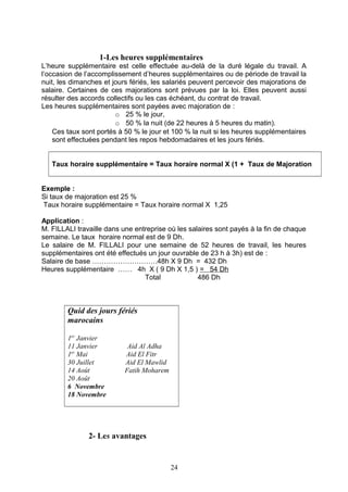 1-Les heures supplémentaires
L’heure supplémentaire est celle effectuée au-delà de la duré légale du travail. A
l’occasion de l’accomplissement d’heures supplémentaires ou de période de travail la
nuit, les dimanches et jours fériés, les salariés peuvent percevoir des majorations de
salaire. Certaines de ces majorations sont prévues par la loi. Elles peuvent aussi
résulter des accords collectifs ou les cas échéant, du contrat de travail.
Les heures supplémentaires sont payées avec majoration de :
o 25 % le jour,
o 50 % la nuit (de 22 heures à 5 heures du matin).
Ces taux sont portés à 50 % le jour et 100 % la nuit si les heures supplémentaires
sont effectuées pendant les repos hebdomadaires et les jours fériés.
Taux horaire supplémentaire = Taux horaire normal X (1 + Taux de Majoration
Exemple :
Si taux de majoration est 25 %
Taux horaire supplémentaire = Taux horaire normal X 1,25
Application :
M. FILLALI travaille dans une entreprise où les salaires sont payés à la fin de chaque
semaine. Le taux horaire normal est de 9 Dh.
Le salaire de M. FILLALI pour une semaine de 52 heures de travail, les heures
supplémentaires ont été effectués un jour ouvrable de 23 h à 3h) est de :
Salaire de base ……………………….48h X 9 Dh = 432 Dh
Heures supplémentaire …… 4h X ( 9 Dh X 1,5 ) = 54 Dh
Total 486 Dh
Quid des jours fériés
marocains
1er
Janvier
11 Janvier Aid Al Adha
1er
Mai Aid El Fitr
30 Juillet Aid El Mawlid
14 Août Fatih Moharem
20 Août
6 Novembre
18 Novembre
2- Les avantages
24
 