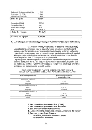 Indemnité de transport justifiée 500
Logement ( A.E.N) 3.000
Allocations familiales 450
Total des gains 12.950
Cotisation CNSS 257,40
Cotisation CIMR 540
Prime Ass. Groupe 120
IGR 2.825,38
- Total des retenues 3.742,78
= Salaire Net à payer 9.207,22
VI .Les charges sur salaires supportées par l’employeur (Charges patronales)
1. Les cotisations patronales à la sécurité sociale (CNSS)
Les cotisations patronales pour la couverture des allocations familiales sont
calculées sur l’ensemble de la rémunération brute (salaire brut) non plafonnée.
Les cotisations patronales pour la couverture des prestations sociales (à court et
à long terme) sont calculées sur l’ensemble de la rémunération brute dans la
limite du plafond de 6.000 Dh par mois et par salarié.
La participation de l’employeur au financement de la formation professionnelle
continu, au taux de 1,6 %, est calculée sur la masse salariale brute ; cette taxe
est institué au profit de l’OFPPT est versée par l’employeur à la CNSS en même
temps que les cotisations de sécurité sociale.
TAUX DE COTISATION ET PLAFOND DE REMUNARATION SERVANT
DE BASE AUX CALCULS DES COTISATIONS PAR FAMILLE DE PRESTATIONS
Famille de prestations Cotisations patronales
A partir de 01/4/2002
Prestations familiales
Taux
Plafond
7,5%
Sans plafond
Prestations sociales à C.T
Taux
Plafond
0,67 %
6.000 Dh
Prestations sociales à L.T
Taux
Plafond
7,93 %
6.000 Dh.
Total 8,60%
2. Les cotisations patronales à la (CIMR)
3. Les cotisations patronales aux mutuelles
4. Les prestations familiales directes
5. Les cotisations patronales aux ass. Accidents de Travail
6. Les charges sociales diverses
Les primes patronales d’assurance Groupe
Les prestations de retraite
33
 