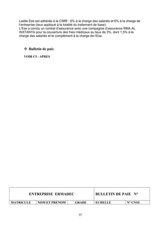 Ladite Ese est adhérée à la CIMR : 6% à la charge des salariés et 6% à la charge de
l’entreprise (taux appliqué à la totalité du traitement de base).
L’Ese a conclu un contrat d’assurance avec une compagnie d’assurance RMA AL
WATANYA pour la couverture des frais médicaux au taux de 3%, dont 1,5% à la
charge des salariés et le complément à la charge de l’Ese.
 Bulletin de paie
VOIR CI - APRES
ENTREPRISE ERMADEC BULLETIN DE PAIE N°
MATRICULE NOM ET PRENOM GRADE ECHELLE N° CNSS
35
 