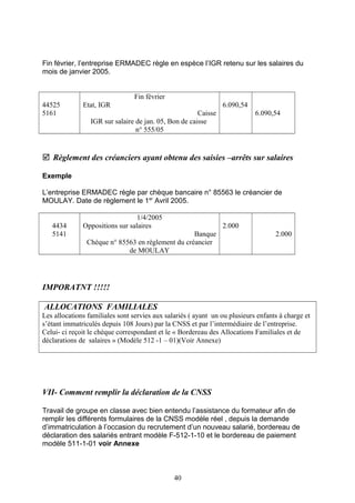 Fin février, l’entreprise ERMADEC règle en espèce l’IGR retenu sur les salaires du
mois de janvier 2005.
44525
5161
Fin février
Etat, IGR
Caisse
IGR sur salaire de jan. 05, Bon de caisse
n° 555/05
6.090,54
6.090,54
 Règlement des créanciers ayant obtenu des saisies –arrêts sur salaires
Exemple
L’entreprise ERMADEC règle par chèque bancaire n° 85563 le créancier de
MOULAY. Date de règlement le 1er
Avril 2005.
4434
5141
1/4/2005
Oppositions sur salaires
Banque
Chèque n° 85563 en règlement du créancier
de MOULAY
2.000
2.000
IMPORATNT !!!!!
ALLOCATIONS FAMILIALES
Les allocations familiales sont servies aux salariés ( ayant un ou plusieurs enfants à charge et
s’étant immatriculés depuis 108 Jours) par la CNSS et par l’intermédiaire de l’entreprise.
Celui- ci reçoit le chèque correspondant et le « Bordereau des Allocations Familiales et de
déclarations de salaires » (Modèle 512 -1 – 01)(Voir Annexe)
VII- Comment remplir la déclaration de la CNSS
Travail de groupe en classe avec bien entendu l’assistance du formateur afin de
remplir les différents formulaires de la CNSS modèle réel , depuis la demande
d’immatriculation à l’occasion du recrutement d’un nouveau salarié, bordereau de
déclaration des salariés entrant modèle F-512-1-10 et le bordereau de paiement
modèle 511-1-01 voir Annexe
40
 