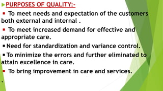 PURPOSES OF QUALITY:-
◾ To meet needs and expectation of the customers
both external and internal .
◾ To meet increased demand for effective and
appropriate care.
◾Need for standardization and variance control.
◾To minimize the errors and further eliminated to
attain excellence in care.
◾ To bring improvement in care and services.
.
 