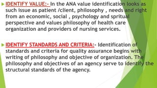  IDENTIFY VALUE:- In the ANA value identification looks as
such issue as patient /client, philosophy , needs and right
from an economic, social , psychology and spritual
perspective and values philosophy of health care
organization and providers of nursing services.
 IDENTIFY STANDARDS AND CRITERIA:- Identification of
standards and criteria for quality assurance begins with
writing of philosophy and objective of organization. The
philosophy and objectives of an agency serve to identify the
structural standards of the agency.
 