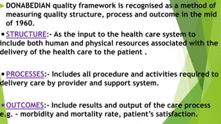  DONABEDIAN quality framework is recognised as a method of
measuring quality structure, process and outcome in the mid
of 1960.
◾STRUCTURE:- As the input to the health care system to
include both human and physical resources associated with the
delivery of the health care to the patient .
◾PROCESSES:- Includes all procedure and activities required to
delivery care by provider and support system.
◾OUTCOMES:- Include results and output of the care process
e.g. – morbidity and mortality rate, patient’s satisfaction.
 