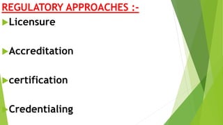 REGULATORY APPROACHES :-
Licensure
Accreditation
certification
Credentialing
 
