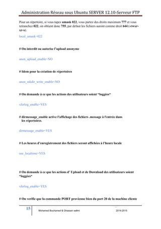 Administration Réseau sous Ubuntu SERVER 12.10‐Serveur FTP 
Pour un répertoire, si vous tapez umask 022, vous partez des droits maximum 777 et vous 
retranchez 022, on obtient donc 755, par défaut les fichiers auront comme droit 644 (-rwxr-xr- 
15 
BERNIER François –AFPA Formation TSGERI 2012-2013 
x). 
local_umask=022 
# On interdit ou autorise l’upload anonyme 
anon_upload_enable=NO 
# Idem pour la création de répertoires 
anon_mkdir_write_enable=NO 
# On demande à ce que les actions des utilisateurs soient “loggées“ 
xferlog_enable=YES 
# dirmessage_enable active l'affichage des fichiers .message à l'entrée dans 
les répertoires. 
dirmessage_enable=YES 
# Les heures d’enregistrement des fichiers seront affichées à l’heure locale 
use_localtime=YES 
# On demande à ce que les actions d’ Upload et de Download des utilisateurs soient 
“loggées“ 
xferlog_enable=YES 
# On verifie que la commande PORT provienne bien du port 20 de la machine cliente 
Mohamed Bouhamed & Ghassen sellmi 2014-2015 
 