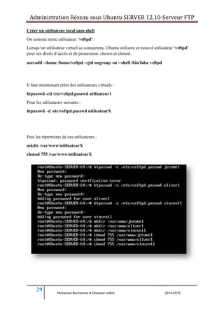Administration Réseau sous Ubuntu SERVER 12.10‐Serveur FTP 
Créer un utilisateur local sans shell 
On nomme notre utilisateur ‘vsftpd’. 
Lorsqu’un utilisateur virtuel se connectera, Ubuntu utilisera ce nouvel utilisateur ‘vsftpd’ 
pour ses droits d’accès et de possession: chown et chmod. 
useradd --home /home/vsftpd --gid nogroup -m --shell /bin/false vsftpd 
Il faut maintenant créer des utilisateurs virtuels : 
htpasswd -cd /etc/vsftpd.passwd utilisateur1 
Pour les utilisateurs suivants : 
htpasswd –d /etc/vsftpd.passwd utilisateurX 
Puis les répertoires de ces utilisateurs : 
mkdir /var/www/utilisateurX 
chmod 755 /var/www/utilisateurX 
29 
Mohamed Bouhamed & Ghassen sellmi 2014-2015 
BERNIER François –AFPA Formation TSGERI 2012-2013 
 