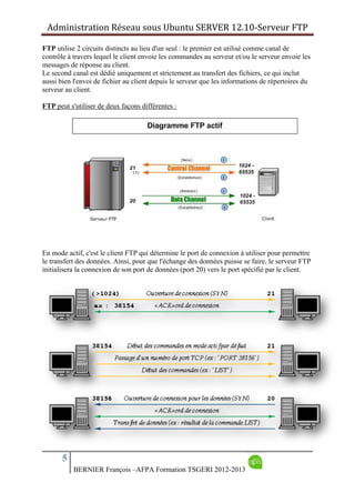 Administration Réseau sous Ubuntu SERVER 12.10‐Serveur FTP      
5
BERNIER François –AFPA Formation TSGERI 2012-2013
FTP utilise 2 circuits distincts au lieu d'un seul : le premier est utilisé comme canal de
contrôle à travers lequel le client envoie les commandes au serveur et/ou le serveur envoie les
messages de réponse au client.
Le second canal est dédié uniquement et strictement au transfert des fichiers, ce qui inclut
aussi bien l'envoi de fichier au client depuis le serveur que les informations de répertoires du
serveur au client.
FTP peut s'utiliser de deux façons différentes :
 
En mode actif, c'est le client FTP qui détermine le port de connexion à utiliser pour permettre
le transfert des données. Ainsi, pour que l'échange des données puisse se faire, le serveur FTP
initialisera la connexion de son port de données (port 20) vers le port spécifié par le client.
 