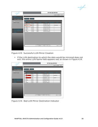 WHIPTAIL INVICTA Administration and Configuration Guide v4.3.1 55
Figure 4.13: Successful LUN Mirror Creation
• If the LUN destination to which the data would be mirrored does not
exit, the entire LUN Name field appears red, as shown in Figure 4.14.
Figure 4.14: Bad LUN Mirror Destination Indicator
 