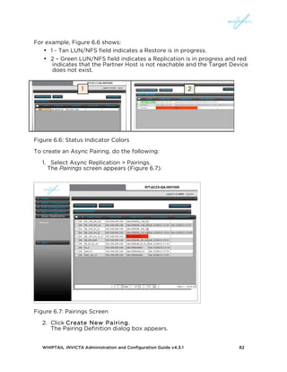 WHIPTAIL INVICTA Administration and Configuration Guide v4.3.1 82
For example, Figure 6.6 shows:
• 1 - Tan LUN/NFS field indicates a Restore is in progress.
• 2 – Green LUN/NFS field indicates a Replication is in progress and red
indicates that the Partner Host is not reachable and the Target Device
does not exist.
Figure 6.6: Status Indicator Colors
To create an Async Pairing, do the following:
1. Select Async Replication > Pairings.
The Pairings screen appears (Figure 6.7).
Figure 6.7: Pairings Screen
2. Click Create New Pairing.
The Pairing Definition dialog box appears.
21
 