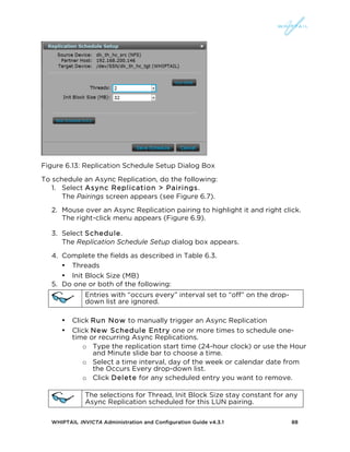 WHIPTAIL INVICTA Administration and Configuration Guide v4.3.1 88
Figure 6.13: Replication Schedule Setup Dialog Box
To schedule an Async Replication, do the following:
1. Select Async Replication > Pairings.
The Pairings screen appears (see Figure 6.7).
2. Mouse over an Async Replication pairing to highlight it and right click.
The right-click menu appears (Figure 6.9).
3. Select Schedule.
The Replication Schedule Setup dialog box appears.
4. Complete the fields as described in Table 6.3.
• Threads
• Init Block Size (MB)
5. Do one or both of the following:
Entries with “occurs every” interval set to “off” on the drop-
down list are ignored.
• Click Run Now to manually trigger an Async Replication
• Click New Schedule Entry one or more times to schedule one-
time or recurring Async Replications.
o Type the replication start time (24-hour clock) or use the Hour
and Minute slide bar to choose a time.
o Select a time interval, day of the week or calendar date from
the Occurs Every drop-down list.
o Click Delete for any scheduled entry you want to remove.
The selections for Thread, Init Block Size stay constant for any
Async Replication scheduled for this LUN pairing.
 