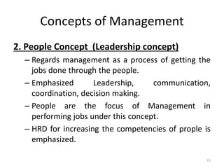 Concepts of Management
2. People Concept (Leadership concept)
– Regards management as a process of getting the
jobs done through the people.
– Emphasized Leadership, communication,
coordination, decision making.
– People are the focus of Management in
performing jobs under this concept.
– HRD for increasing the competencies of prople is
emphasized.
13
 