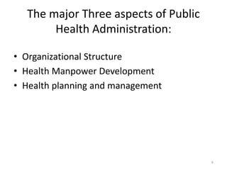The major Three aspects of Public
Health Administration:
• Organizational Structure
• Health Manpower Development
• Health planning and management
6
 